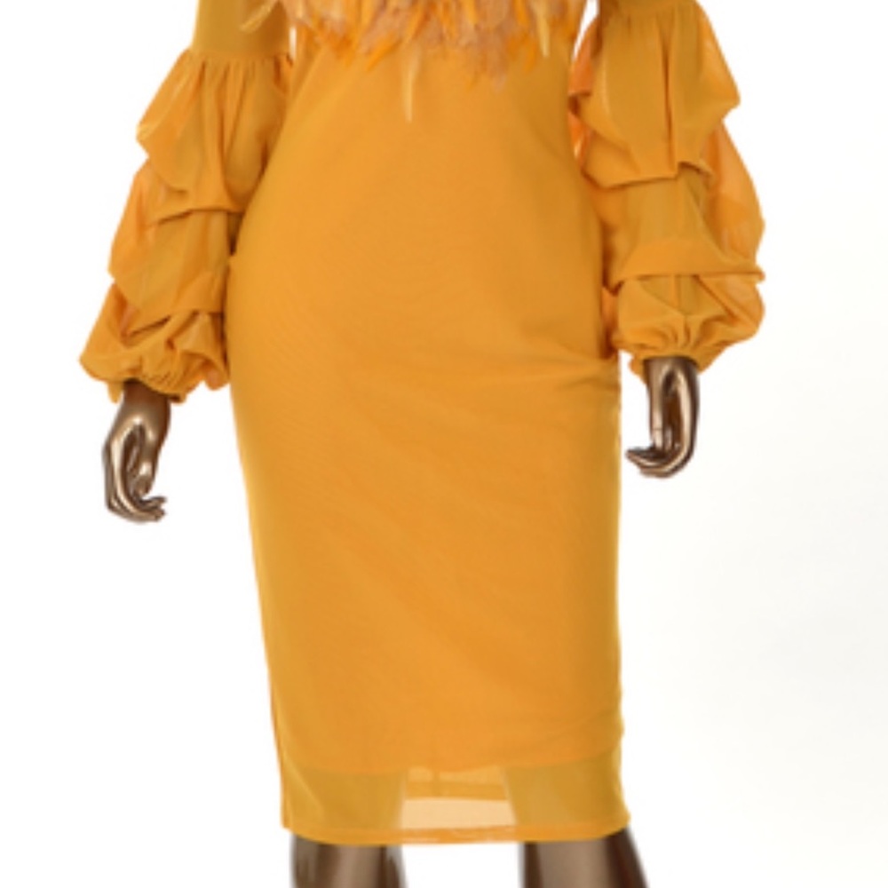 Mustard Long Sleeve Feathered Dress - Picture 2 of 6